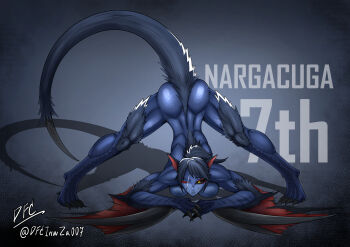 1girl animal_ears artist_name black_hair black_sclera breasts colored_sclera dracotrueno dragon_girl dragon_tail facial_scar fur jack-o'_challenge medium_breasts monster_hunter_(series) muscular muscular_back muscular_female muscular_legs nargacuga one_eye_closed personification scar scar_across_eye scar_on_cheek scar_on_face solo spread_legs tail winged_arms wings yellow_eyes