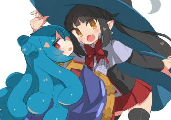  2girls bandaged_hand bandages black_hair black_thighhighs blue_hair blush bow bowtie capelet commentary_request double_bun fang hair_bun hand_on_headwear hat long_hair long_sleeves looking_at_viewer miniskirt multiple_girls open_mouth original pleated_skirt pointy_ears red_bow red_bowtie red_eyes red_skirt simple_background skirt taru_haru thighhighs white_background white_capelet witch_hat yellow_eyes 