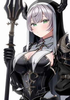  1girl absurdres armor belt black_armor breast_curtains breasts cleavage closed_mouth commentary dot_mouth green_eyes grey_hair hair_between_eyes highres holding holding_mace holding_weapon hololive horns knight large_breasts light_blush long_sleeves looking_at_viewer mace monakarobo78 nun official_alternate_costume puffy_sleeves shirogane_noel shirogane_noel_(battle_nun) shoulder_armor simple_background virtual_youtuber weapon 