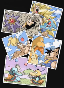  bald biting black_hair blonde_hair charizard closed_mouth cloud colored_skin crossover dougi dragon_ball dragonite facial_hair gem gen_1_pokemon golduck green_eyes halo highres long_hair long_legs mega_pokemon mega_starmie multiple_boys muscular muscular_male mustache nappa nintendo no_eyebrows no_eyes open_mouth outdoors pants pointy_ears pokemon pokemon_(creature) purple_skin red_gemstone rou_kaioushin shirt short_hair smile son_goku spiked_hair starfish starmie super_saiyan super_saiyan_3 sweatdrop tail vegeta wesatinthecar wristband 