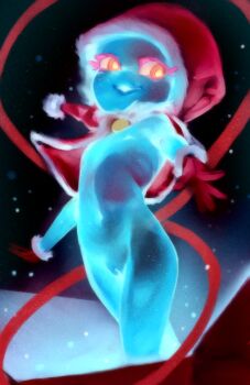  1girl blue_skin box breasts capelet christmas cleft_of_venus colored_skin cowboy_shot crossed_legs from_below from_side ghost_girl gloves glowing glowing_eyes glowing_pussy glowing_skin groin hat highres in_box in_container khaz light_particles lips loli looking_to_the_side monster_girl navel night nipples nude open_mouth original outdoors outstretched_arms parted_lips pussy red_eyes ribs santa_hat see-through_body shiny_skin simple_background sky small_breasts smile snow snowing solo spread_fingers teeth thighs wind yellow_eyes  rating:Explicit score:38 user:secret64