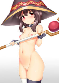1girl asymmetrical_legwear bandaged_leg bandages black_gloves black_hair black_hat black_thighhighs blush breasts buckle chestnut_mouth cleft_of_venus collar collarbone comic cowboy_shot female_focus fingerless_gloves gloves gradient_background hat holding holding_staff kono_subarashii_sekai_ni_shukufuku_wo! loli looking_at_viewer megumin mismatched_legwear navel nipples orb parted_lips pussy red_eyes short_hair_with_long_locks sidelocks single_thighhigh skindentation small_breasts solo staff stomach thighhighs toshishikisai uncensored v-shaped_eyebrows white_background witch_hat rating:Explicit score:116 user:danbooru