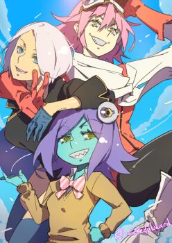 00s 10s 3girls alien angel_(kof) aqua_skin bad_id bad_pixiv_id bow colored_skin crossover eyeball flcl gloves goggles goggles_on_head green_skin grin haruhara_haruko ian_olympia midori_(uchuu_patrol_luluco) multiple_girls pink_hair purple_hair scarf school_uniform sharp_teeth shintani_mayumi smile teeth the_king_of_fighters uchuu_patrol_luluco v voice_actor_connection white_hair yellow_eyes 