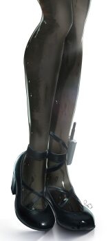  1girl absurdres arknights arknights:_endfield black_pantyhose black_shoes commentary english_commentary feet foot_focus highres lower_body luke_s_(artist) pantyhose perlica_(arknights) shoes signature simple_background solo strap sweat white_background 