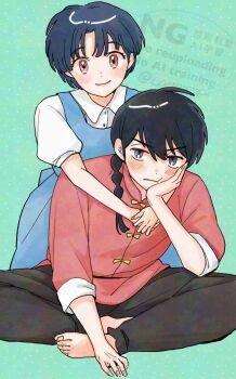  1boy 1girl annoyed arms_around_neck barefoot black_pants blue_dress blue_eyes blue_hair brown_eyes chinese_clothes commentary con_sonne dress green_background hand_on_own_face highres looking_at_viewer pale_skin pants puffy_short_sleeves puffy_sleeves ranma_1/2 saotome_ranma school_uniform short_sleeves sitting tendou_akane v-shaped_eyebrows watermark 