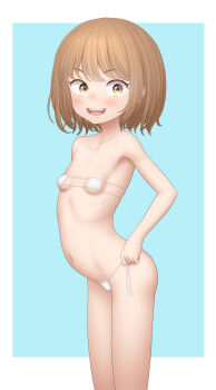  1girl absurdres bare_legs bikini blush breasts brown_eyes brown_hair cowboy_shot eyepatch_bikini female_focus highres looking_at_viewer micro_bikini navel open_mouth original paid_reward_available sc_naru short_hair side-tie_bikini_bottom small_breasts smile solo standing swimsuit teeth thighs upper_teeth_only white_bikini 