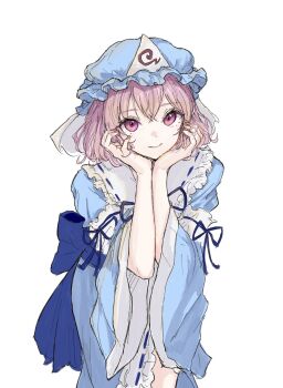  1girl blue_kimono bow dress frilled_kimono frills hat head_rest highres japanese_clothes kashiwada_kiiho kimono looking_up mob_cap nail_polish pink_eyes pink_hair ribbon saigyouji_yuyuko short_hair simple_background sleeve_garter smile solo touhou triangular_headpiece white_background wide_sleeves  rating:General score:3 user:danbooru