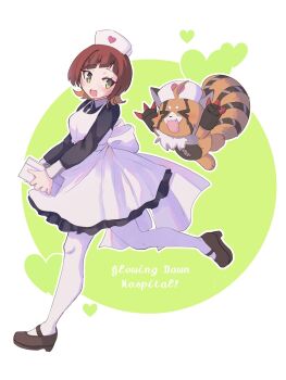 >_< digimon digimon_(creature) digimon_beatbreak fang hat jacket mkz_dg nurse nurse_cap open_mouth pristimon sakuya_reina short_hair star_(symbol)