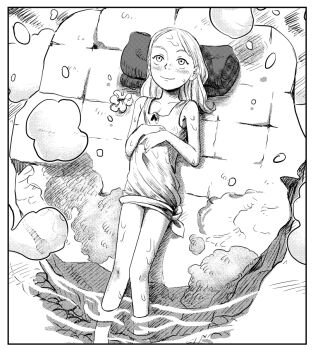  1girl ann's_forbidden_memories ann_(pokoro) barefoot blonde_hair feet flat_chest lying no_pants official_art on_back pillow pokoro rock shirt solo water wet  rating:General score:4 user:nekoji
