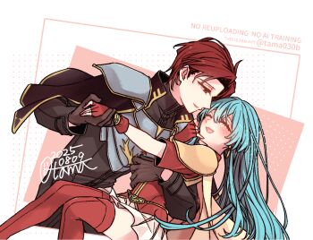  1boy 1girl 2025 aqua_hair arm_around_another's_waist armor black_capelet black_shirt blush boots breastplate breasts cape capelet closed_eyes commentary_request eirika_(fire_emblem) feet_out_of_frame fingerless_gloves fire_emblem fire_emblem:_the_sacred_stones gloves grey_armor happy holding_hands long_hair long_sleeves nintendo open_mouth parted_bangs pink_background red_boots red_eyes red_gloves red_hair red_shirt sayu030b seth_(fire_emblem) shirt short_hair short_sleeves shoulder_armor skirt small_breasts thigh_boots thighhighs two-tone_background watermark white_background white_skirt yellow_armor yellow_cape zettai_ryouiki 