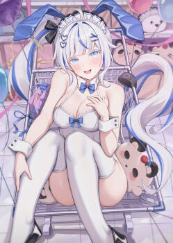  1girl animal_ears aokumo_rin bag balloon bare_shoulders black_shoes blue_bow blue_bowtie blue_eyes blue_hair blue_streaks blush bow bowtie breasts cleavage commentary detached_collar ears_down fake_animal_ears frilled_headwear from_above hair_ornament hairclip hand_on_own_chest hand_up heart heart_hair_ornament highres in_shopping_cart kurimi_(aokumo_rin) large_breasts legs leotard long_hair looking_at_viewer maid_headdress multicolored_hair open_mouth playboy_bunny price_tag rabbit_ears ribbon-trimmed_headwear ribbon_trim shelf shiriaru_(jjonaeng) shoes shop shopping_bag shopping_cart sitting smile solo stellive strapless strapless_leotard streaked_hair stuffed_toy teeth thighhighs thighs tile_floor tiles twintails upper_teeth_only very_long_hair virtual_youtuber white_hair white_headdress white_leotard white_thighhighs white_wrist_cuffs wrist_cuffs x_hair_ornament 