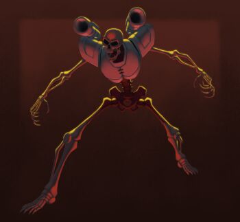  1other armor bone breastplate commentary dark demon doom_(series) english_commentary full_body highres hip_bones laser-fire no_humans open_mouth revenant_(doom) shoulder_armor shoulder_cannon skeleton solo spine standing teeth 
