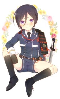  1boy armor belt black_gloves black_hair commentary_request floral_background full_body gloves hair_between_eyes highres japanese_armor looking_at_viewer male_focus military_uniform necktie purple_eyes short_sword shorts shoulder_armor sitting smile socks sode sword tantou touken_ranbu ttanuu. weapon white_background yagen_toushirou 