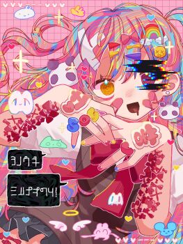  1girl :d @_@ \||/ abstract_background absurdres angel_wings bad_anatomy bags_under_eyes bandaid bandaid_on_cheek bandaid_on_face bare_arms black_skirt bow bowtie breasts brown_sweater_vest collared_shirt commentary_request cowboy_shot crossed_bandaids double-parted_bangs drooling earrings emoji_hair_ornament glitch grid_background hair_behind_ear hair_between_eyes hair_bow hair_ornament halo hands_up heart heart_ring heterochromia highres hitose_rei jewelry long_hair looking_at_viewer miniskirt mouth_drool open_mouth orange_eyes original own_hands_together panda_hair_ornament pink_background pink_bow pink_eyes pink_hair psychedelic puffy_short_sleeves puffy_sleeves rainbow_hair_ornament raised_eyebrows red_bow red_bowtie ring shirt short_sleeves simple_background skirt small_breasts smile sparkle speech_bubble sticker_on_hand stud_earrings sweater_vest tareme tongue translation_request triangle_hair_ornament two_side_up white_shirt white_wings wide-eyed wings x_hair_ornament yami_kawaii yellow_halo 