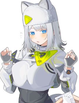  1girl absurdres arknights arknights:_endfield blue_eyes breasts cat_girl commentary condom condom_wrapper english_commentary estella_(arknights) flying_sweatdrops gloves grey_gloves hat highres large_breasts open_mouth simple_background spam_(spamham4506) white_background 