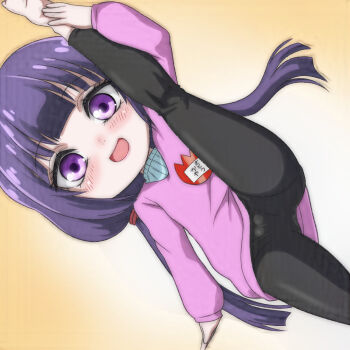  1girl barefoot black_leggings blue_shirt blush cameltoe flat_chest kaya-chan_wa_kowakunai kindergarten_uniform leggings loli long_hair long_sleeves looking_at_viewer low_twintails name_tag open_mouth purple_eyes purple_hair purple_sweater satou_kaya shirt smile split standing standing_on_one_leg standing_split sweater t_jiroo_(ringofriend) twintails yellow_background 