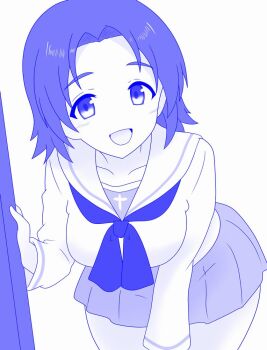  1girl blouse commentary cowboy_shot girls_und_panzer leaning_forward long_sleeves looking_at_viewer miniskirt neckerchief ooarai_school_uniform open_mouth parted_bangs pleated_skirt sailor_collar sawa_azusa school_uniform serafuku shira14 shirt short_hair skirt smile solo standing 