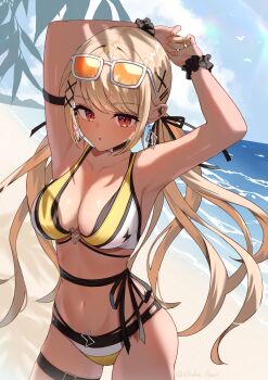 1girl armpits arms_behind_head beach bikini black_choker blonde_hair breasts choker cleavage dark-skinned_female dark_skin earrings eyewear_on_head gyaru hair_ornament highres jewelry kaminari_qpi large_breasts long_hair navel orange_eyes scrunchie shinka_(yonkun121) solo sunglasses swept_bangs swimsuit twintails virtual_youtuber vspo! wrist_scrunchie x_hair_ornament  rating:Sensitive score:9 user:danbooru