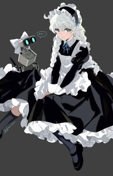  1boy ahoge alternate_costume apron bj_(juusan_kihei_bouei_ken) black_dress braid chinese_commentary commentary_request crossdressing crossdressing_(mtf) dress enmaided frilled_dress frills grey_background grey_eyes highres juusan_kihei_bouei_ken kaninn long_hair maid maid_apron maid_headdress male_focus male_maid mary_janes non-humanoid_robot okino_tsukasa robot shoes simple_background sleeve_cuffs smile trap twin_braids white_apron white_hair 