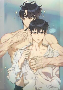  2boys bags_under_eyes black_hair brushing_teeth collared_shirt cowboy_shot exhausted hand_on_another's_chest hand_up highres hug hug_from_behind kim_dokja korean_text making_board male_focus multiple_boys muscular muscular_male nipples omniscient_reader's_viewpoint partially_open_shirt shirt short_hair sound_effects sparkle translation_request white_shirt yaoi yoo_joonghyuk 