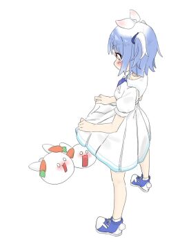  1girl blue_hair blush carrot clothes_lift dress highres hololive multicolored_hair pinkucatjs skirt skirt_lift surprised tagme two-tone_hair usada_pekora virtual_youtuber white_dress white_hair  rating:Questionable score:35 user:NotTheNax