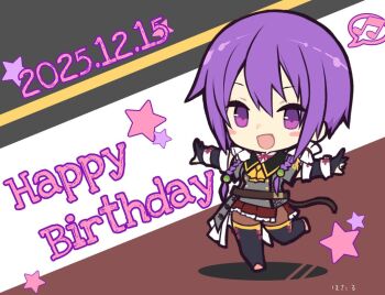  1girl :d artist_name assault_lily asymmetrical_clothes asymmetrical_jacket beamed_eighth_notes belt belt_buckle black_background black_gloves black_thighhighs blush bow bowtie braid brown_background brown_belt brown_pantyhose buckle buttons chibi commentary dated elbow_gloves frilled_hair_tubes frilled_skirt frills full_body gloves grey_jacket hair_between_eyes hair_tubes hands_up happy_birthday hotaru_(ultraroly_poly) jacket leg_up long_hair looking_at_viewer low_twin_braids low_twintails miniskirt musical_note neck_ribbon open_mouth outstretched_arms pantyhose partially_fingerless_gloves pleated_skirt purple_eyes purple_hair red_ribbon red_skirt ribbon school_uniform short_sleeves skirt smile solo speech_bubble spoken_musical_note standing standing_on_one_leg star_(symbol) thighhighs thighhighs_over_pantyhose twin_braids twintails wang_lifen white_background yellow_bow yellow_bowtie 