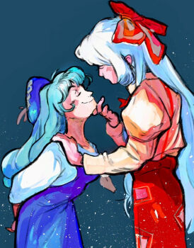  2girls blue_dress blue_hair blue_hat bow closed_eyes closed_mouth dress fujiwara_no_mokou hand_on_another&#039;s_chin hand_on_another&#039;s_shoulder hat highres kamishirasawa_keine long_hair molly_yancey multiple_girls pants red_bow red_pants shirt simple_background smile touhou white_hair yellow_shirt 