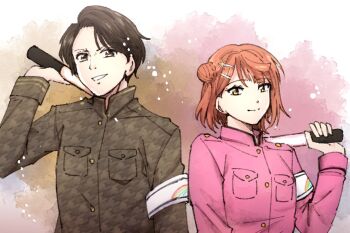  1boy 1girl animification armband black_hair breast_pocket brown_coat closed_mouth coat collared_coat commentary_request glowstick grin holding holding_glowstick houndstooth long_sleeves looking_at_viewer love_live! love_live!_nijigasaki_high_school_idol_club nishikawa_takanori orange_hair penlight_(glowstick) pink_background pink_coat pocket real_life ryouran!_victory_road_(love_live!) short_hair side-by-side smile split_mouth t.m.revolution typeakiha73 uehara_ayumu upper_body watercolor_background white_armband 