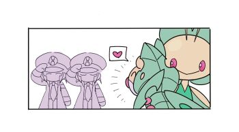  2boys border bright_pupils brothers coat commentary_request emmet_(pokemon) gen_5_pokemon happy_aura heart highres ingo_(pokemon) kari_(user_grrs8577) leavanny long_sleeves male_focus multiple_boys necktie nintendo pokemon pokemon_(creature) pokemon_bw red_eyes salute sewaddle siblings spoken_heart twins white_background white_border white_pupils 