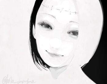  1girl blending bob_cut closed_mouth greyscale half-closed_eyes head_tilt high_contrast itadori_kaori jujutsu_kaisen kenjaku koha_dasuima looking_at_viewer monochrome multicolored_hair portrait short_hair smile stitched_forehead two-tone_hair 