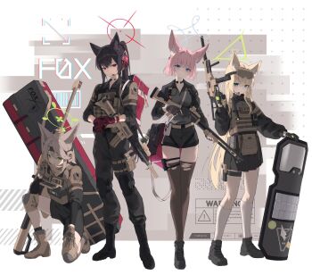  4girls ahoge animal_ear_fluff animal_ears anti-materiel_rifle assault_rifle bag barrett_m82 belt black_boots black_gloves black_headband black_skirt black_thighhighs blonde_hair blue_archive blue_eyes blue_halo boots brown_gloves brown_hair collarbone combat_boots eyewear_on_head fingerless_gloves fox_ears fox_girl fox_platoon_(blue_archive) gloves green_eyes green_halo gun h&amp;k_hk416 h&amp;k_ump hair_between_eyes halo headband headset highres holding holding_gun holding_weapon knee_pads kneehighs kurumi_(blue_archive) load_bearing_vest long_hair long_sleeves looking_at_viewer magazine_(weapon) multicolored_gloves multiple_girls niko_(blue_archive) otogi_(blue_archive) pants pink_hair pleated_skirt ponytail pouch pump_action red_eyes red_gloves red_halo remington_870 rifle shield shirt short_hair shorts shotgun skirt sniper_rifle socks submachine_gun tactical_clothes thigh_pouch thighhighs torn_clothes torn_thighhighs triangle_halo two-tone_gloves vam_(js_vam) weapon yukino_(blue_archive) 