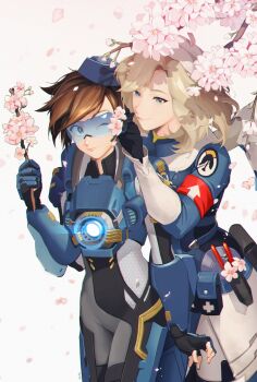 2girls absurdres adjusting_eyewear adjusting_glasses alternate_costume black_gloves blonde_hair blue-tinted_eyewear blue-tinted_glasses blue_eyes blue_headwear blush bodysuit breasts brown_hair cadet_oxton cherry_blossoms chest_harness closed_eyes closed_mouth combat_medic_ziegler commentary commentary_request cross fingerless_gloves flower gloves goggles harness hat highres holding holding_stick korean_commentary lips logo long_sleeves looking_at_another maro_(lij512) mechanical_wings mercy_(overwatch) multiple_girls overwatch parted_lips short_hair smile spiked_hair standing stick tinted_eyewear tracer_(overwatch) visor wings