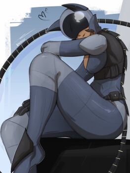  1girl absolute_batman absolute_dc artist_name biker_clothes bikesuit blue_bodysuit bodysuit breasts catwoman curvy dark-skinned_female dark_skin dc_comics grey_bodysuit helmet highres impossible_bodysuit impossible_clothes kaidekku large_breasts multicolored_bodysuit signature solo two-tone_bodysuit 