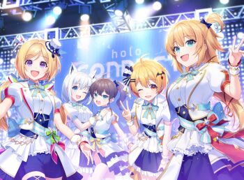  1st_generation_(hololive) 5girls :d ;d ahoge akai_haato aki_rosenthal animal_ears back_bow blonde_hair blue_eyes blue_shorts blue_skirt bob_cut bow bow_skirt bowtie brown_hair color-coded commentary corset cowboy_shot detached_hair double-parted_bangs forked_hair fox_ears frilled_skirt frills grey_hair hair_between_eyes hair_ribbon hand_on_another's_shoulder hat hololive hololive_idol_uniform_(bright) idol_clothes jacket jenevan large_bow layered_skirt long_hair looking_at_viewer low_twintails mini_hat mini_top_hat miniskirt multiple_girls natsuiro_matsuri official_alternate_costume one_eye_closed one_side_up open_mouth overskirt parted_bangs puffy_short_sleeves puffy_sleeves purple_eyes red_ribbon ribbon sash shirakami_fubuki shirt short-sleeved_jacket short_hair short_sleeves shorts skirt smile stage stage_lights thigh_strap top_hat twintails two-sided_fabric two-sided_skirt underbust v virtual_youtuber waist_bow white_jacket white_shirt white_skirt wrapped_hair yozora_mel 