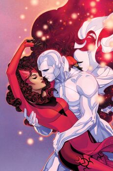  1boy 1girl arms_up avengers_(series) bald black_leggings bodysuit boots brown_hair cape closed_eyes colored_skin comic_cover commentary couple cowboy_shot curly_hair dress english_commentary gloves gradient_background hetero highres imminent_kiss jewelry leggings long_hair marvel muscular muscular_male official_art purple_background red_boots red_dress red_lips ring robot russell_dauterman scarlet_witch superhero_costume thigh_boots vision_(marvel) wanda_maximoff white_bodysuit white_cape white_skin white_vision witch 