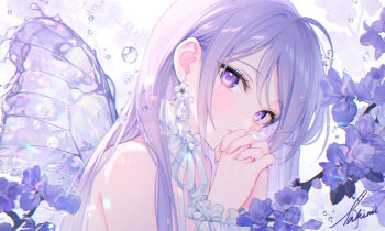  1girl artist_name bare_shoulders butterfly_wings close-up collar earrings flower flower_earrings frilled_collar frilled_wrist_cuffs frills gem highres insect_wings jewelry looking_at_viewer looking_to_the_side original own_hands_clasped own_hands_together petals purple_eyes purple_flower purple_hair purple_wings ribbon solo takimii water water_drop white_collar white_ribbon white_wrist_cuffs wings wrist_cuffs 