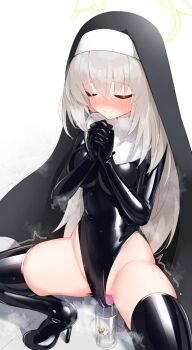  blue_archive blush bodysuit dildo dildo_under_clothes gloves highres holy_water latex latex_bodysuit leotard long_hair maguro27 nun praying pussy_juice sakurako_(blue_archive) sakurako_(justina_uniform)_(blue_archive) sex_toy skin_tight thighhighs vibrator white_hair wimple zettai_ryouiki  rating:Explicit score:71 user:danbooru