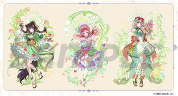  3girls adjusting_hair alternate_costume animal_ears blonde_hair bonnet border bouquet bow bug butterfly commentary_request copyright_notice dog_ears dog_girl dress elu_(nijisanji) flower frilled_skirt frills full_body green_dress green_skirt grey_hair hair_bow hand_up hat heterochromia high_heels hitokoto holding holding_bouquet insect inui_toko layered_skirt leg_ribbon multiple_girls nijisanji official_art orange_flower orange_rose pink_flower pink_shoes pointy_ears purple_hat red_bow red_eyes red_hair ribbon rose sample_watermark sandals saotome_berry shoes simple_background skirt standing standing_on_one_leg thighhighs virtual_youtuber watermark white_border white_ribbon yellow_eyes 