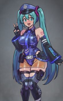  1girl aqua_eyes aqua_hair aqua_nails bare_shoulders belt belt_pouch black_gloves black_thighhighs blue_hat blue_leotard blue_necktie breasts collarbone commentary csaurageul detached_sleeves english_commentary eyelashes fingerless_gloves gloves grey_background hat hatsune_miku headset leotard long_hair looking_at_viewer nail_polish necktie number_tattoo open_mouth police police_uniform policewoman pouch see-through_clothes shoulder_tattoo simple_background solo tattoo thigh_belt thigh_pouch thigh_strap thighhighs twintails v vocaloid 