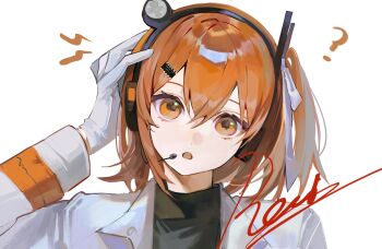  1girl :o ? a.i._voice adachi_rei black_shirt commentary computer_chip crossed_bangs gloves hair_between_eyes hair_ornament hair_ribbon hairclip hand_on_own_head headlamp headset highres jacket lens_eye long_sleeves looking_at_viewer medium_hair one_side_up open_clothes open_jacket open_mouth orange_eyes orange_hair qi_xia radio_antenna ribbon shirt signature simple_background solo sound_wave symbol-only_commentary turtleneck turtleneck_shirt upper_body utau white_background white_gloves white_jacket white_ribbon 