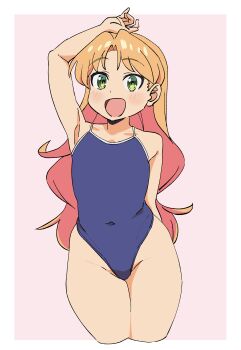  1girl absurdres arm_up armpits blonde_hair blue_one-piece_swimsuit blush covered_navel flat_chest green_eyes groin highleg highleg_one-piece_swimsuit highres long_hair one-piece_swimsuit open_mouth rasukofu ruri_no_houseki smile swimsuit tanigawa_ruri thick_thighs thighs wide_hips  rating:Sensitive score:63 user:PuttHutt