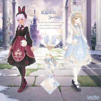  2girls ;t animal_ear_footwear animal_ear_hairband animal_ears annoyed argyle_clothes argyle_socks artist_request bag bag_bow black_dress black_hairband black_shoes black_socks blonde_hair blue_bow blue_bowtie blue_ribbon blue_skirt blue_sky bow bowtie braid buttons castle center_frills character_name close-up cloud copyright_logo crown_print dark-skinned_female dark_skin diamond_(shape) dress dress_bow dress_under_skirt dual_persona ear_bow english_text fake_animal_ears flower frilled_hairband frilled_socks frills full_body fur_bag green_eyes hair_over_shoulder hair_ribbon hairband happy heart heart_print high-waist_skirt kneehighs logo lolita_fashion lolita_hairband long_hair long_sleeves mary_janes medium_dress medium_skirt miracle_nikki multiple_girls nikki_(series) official_alternate_color official_art one_eye_closed open_mouth outdoors pillar pink_flower pink_rose plant polka_dot polka_dot_skirt pout print_skirt puffy_long_sleeves puffy_sleeves purple_hair rabbit_ear_hairband rabbit_ears rabbit_sweet_(miracle_nikki) red_bow red_eyes red_ribbon red_shoes red_skirt ribbon ribbon_print rose shoes shoulder_bag skirt sky sleeve_bow smile socks sparkling_eyes standing sun sunrise teeth third-party_source twin_braids upper_teeth_only vines white_bag white_bow white_dress white_hairband white_socks winter wrist_bow 