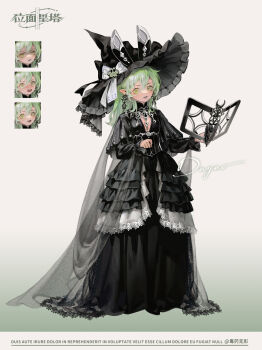  1girl animal_ear_headwear animal_ears black_cape black_capelet black_dress black_shoes book bow breasts cape capelet chinese_commentary cleavage_cutout clothing_cutout crescent crescent_earrings dress dywx_poison earrings fake_animal_ears floating floating_book floating_object frilled_dress frilled_hat frilled_sleeves frills frog_hat_ornament full_body goth_fashion gradient_background green_background green_eyes green_hair grey_lips hair_between_eyes hat hat_bow hat_ornament hexagram highres jewelry key key_necklace lace lace-trimmed_dress lace_trim layered_dress lipstick long_dress long_hair long_hair_between_eyes long_sleeves looking_at_viewer loosely_tucked_bangs makeup mismatched_earrings multiple_expressions necklace open_book original pointy_ears rabbit_ears see-through_cape see-through_clothes shoes silver_necklace simple_background small_breasts solo standing star_(symbol) star_earrings star_of_david sun_earrings white_background white_bow witch_hat 