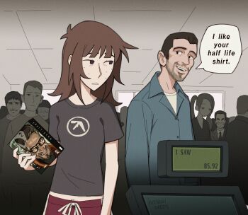 1girl 4boys agni_(fire_punch) agni_face_(meme) aphex_twin black_hair breasts brown_hair fire_punch freckles g-man gordon_freeman half-life half-life_(series) half-life_2 highres hitsuji_(hitsujigoods) jimiko kara_eklund long_hair male_07_(half-life) meme midriff_peek multiple_boys original pubic_hair pubic_hair_peek richard_d._james_album short_hair small_breasts