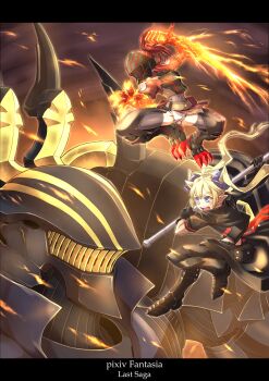  1boy 2girls armor belt_pouch black_boots black_gloves black_jacket blonde_hair blue_eyes boots chaley_patley clawed_boots commentary_request copyright_name fighting_stance gauntlets gloves glowing glowing_sword glowing_weapon highres holding holding_weapon horns jacket kaevin mecha multiple_girls pixiv_fantasia pixiv_fantasia_last_saga pouch raodekiya robot shuno_glen twintails weapon 