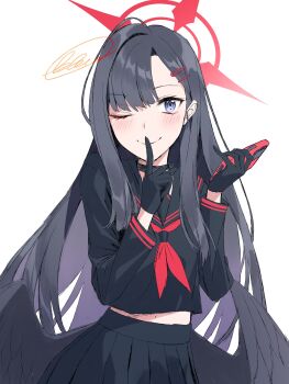  1girl black_choker black_eyes black_gloves black_hair black_sailor_collar black_serafuku black_wings blew_andwhite blue_archive blush breasts choker cropped_shirt curtained_hair feathered_wings finger_to_mouth gloves hair_ornament hairclip halo hands_up hashtag-only_commentary highres holding holding_phone ichika_(blue_archive) long_hair low_wings medium_breasts navel neckerchief one_eye_closed phone red_halo red_neckerchief sailor_collar school_uniform serafuku shushing signature solo white_background wings 