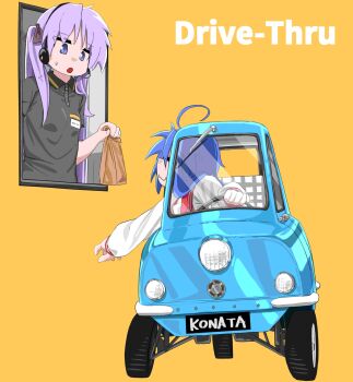  2girls :3 :o =_= black_shirt blue_hair car character_name commentary drive-thru driving employee_uniform english_commentary fast_food_uniform headset highres hiiragi_kagami izumi_konata long_hair long_sleeves looking_at_another lucky_star motor_vehicle multiple_girls papyopyo peel_p50 purple_eyes purple_hair red_sailor_collar ryouou_school_uniform sailor_collar school_uniform shirt short_sleeves simple_background steering_wheel wing_collar winter_uniform yellow_background 