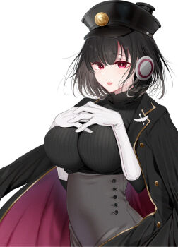  1girl :d amamiya_mizuki black_hair black_hat black_jacket black_sweater blush breasts character_request elbow_gloves gloves grey_skirt hands_on_own_chest hat high-waist_skirt impossible_clothes impossible_sweater jacket jacket_on_shoulders looking_at_viewer open_mouth peaked_cap red_eyes short_hair simple_background skirt smile solo station_memories sweater unbuttoned upper_body white_background white_gloves 