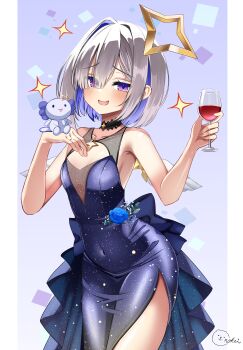  1girl absurdres alcohol amane_kanata angel_wings asymmetrical_bangs bare_shoulders blue_dress blue_hair blush bob_cut breasts collarbone commentary_request covered_navel cup dress drinking_glass feathered_wings halo highres hololive inokeiwd jewelry looking_at_viewer mini_wings multicolored_hair open_mouth pillarboxed purple_eyes red_wine ring short_hair sleeveless sleeveless_dress small_breasts smile tilted_halo upao_(amane_kanata) virtual_youtuber white_wings wine wine_glass wings yellow_halo 