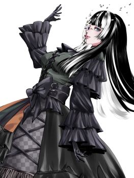  1girl absurdres ascot bell_sleeves belt black_ascot black_belt black_bow black_gloves black_hair blue_eyes blunt_bangs bow breasts choker commentary_request cross-laced_clothes cross-laced_dress dissolving dress dutch_angle from_side gloves gothic_lolita green_dress hand_up highres hololive hololive_dev_is juufuutei_raden juufuutei_raden_(1st_costume) lace-trimmed_choker lace_trim lolita_fashion long_hair long_sleeves looking_at_viewer mask medium_breasts multicolored_hair noh_mask parted_lips sideways_glance simple_background solo streaked_hair two-tone_hair usukimibilly88 virtual_youtuber white_background white_hair wide_sleeves 